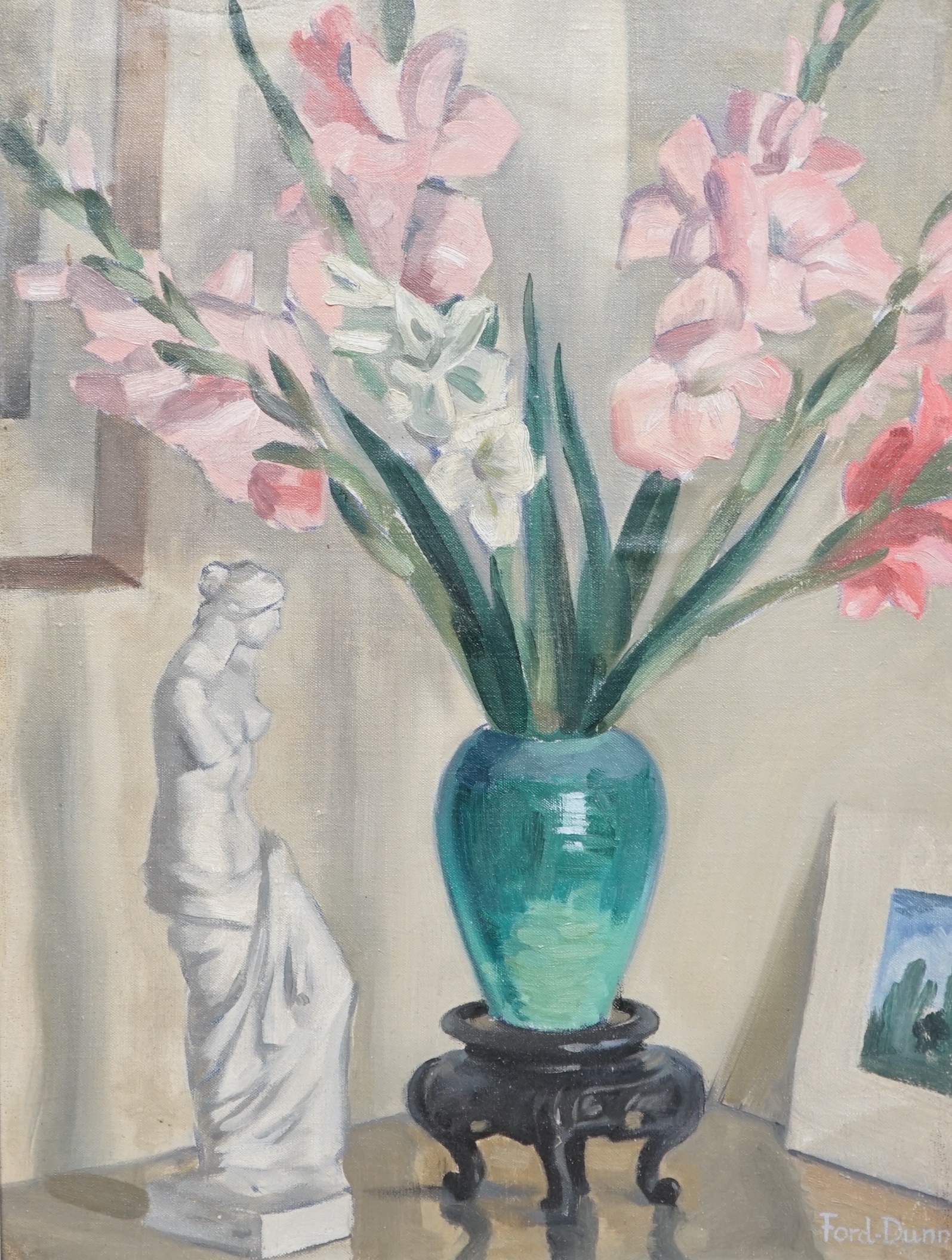 Ford-Dunn, oil on canvas board, Still life of gladioli and a classical figure, signed, 46 x 34cm